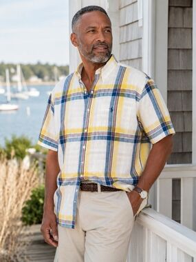 Vintage Ralph Lauren XL Yellow Madras Plaid Cotton Short Sleeve Shirt Pony